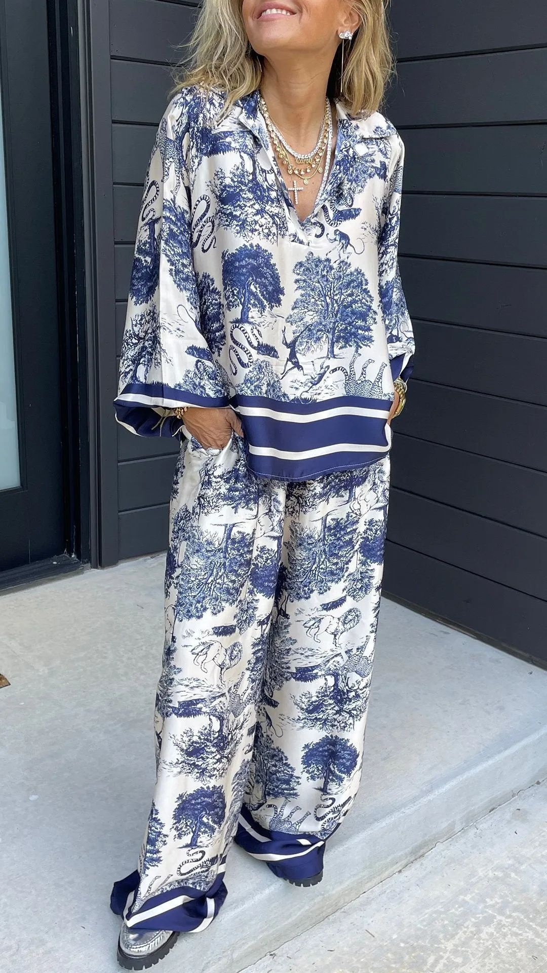 Women's Casual V-Neck Printed Long-Sleeve Two-Piece Set with Pockets - Nordfashionstorm - Women's Clothing, Fashion for You - Nordfashionstorm.com