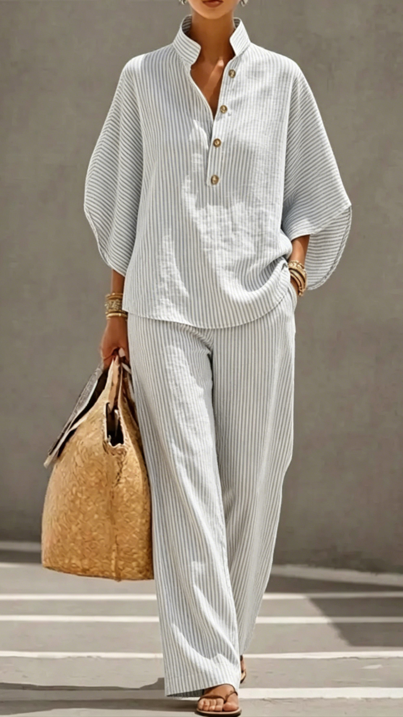 Women's Striped Linen-Cotton Batwing Sleeve Two-Piece Set - Nordfashionstorm - Women's Clothing, Fashion for You - Nordfashionstorm.com
