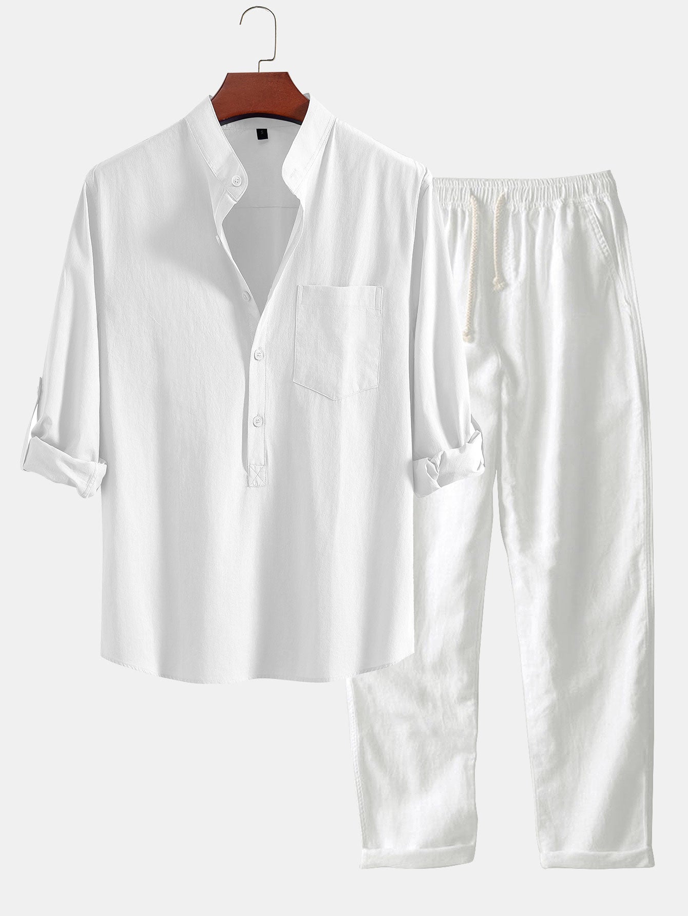 Long Sleeve Linen Look Henley Collar Shirt & Straight Leg Linen Pants