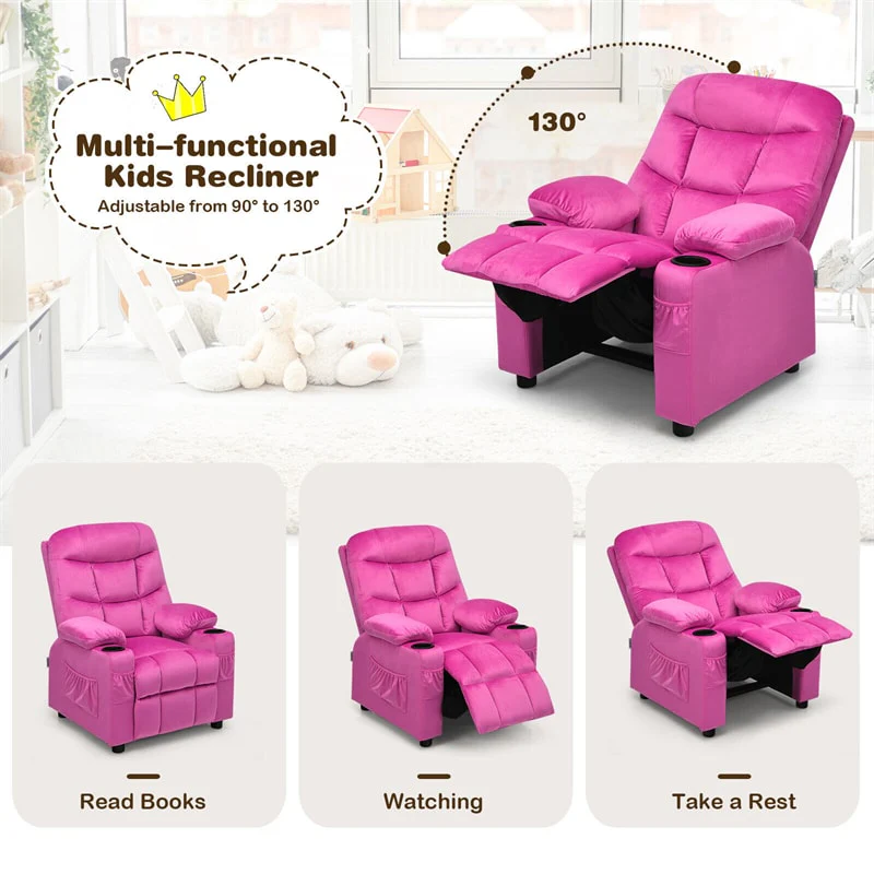 Kids Recliner Chair Adjustable Velvet Lounge Sofa with Cup Holders, 3 Pockets, Retractable Footrest, Toddler Furniture Sofa for Boys Girls Room