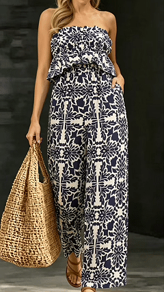 Women's Cotton‑blend Navy‑blue Floral‑print Strapless Ruffled Wide‑leg Jumpsuit - Nordfashionstorm - Women's Clothing, Fashion for You - Nordfashionstorm.com