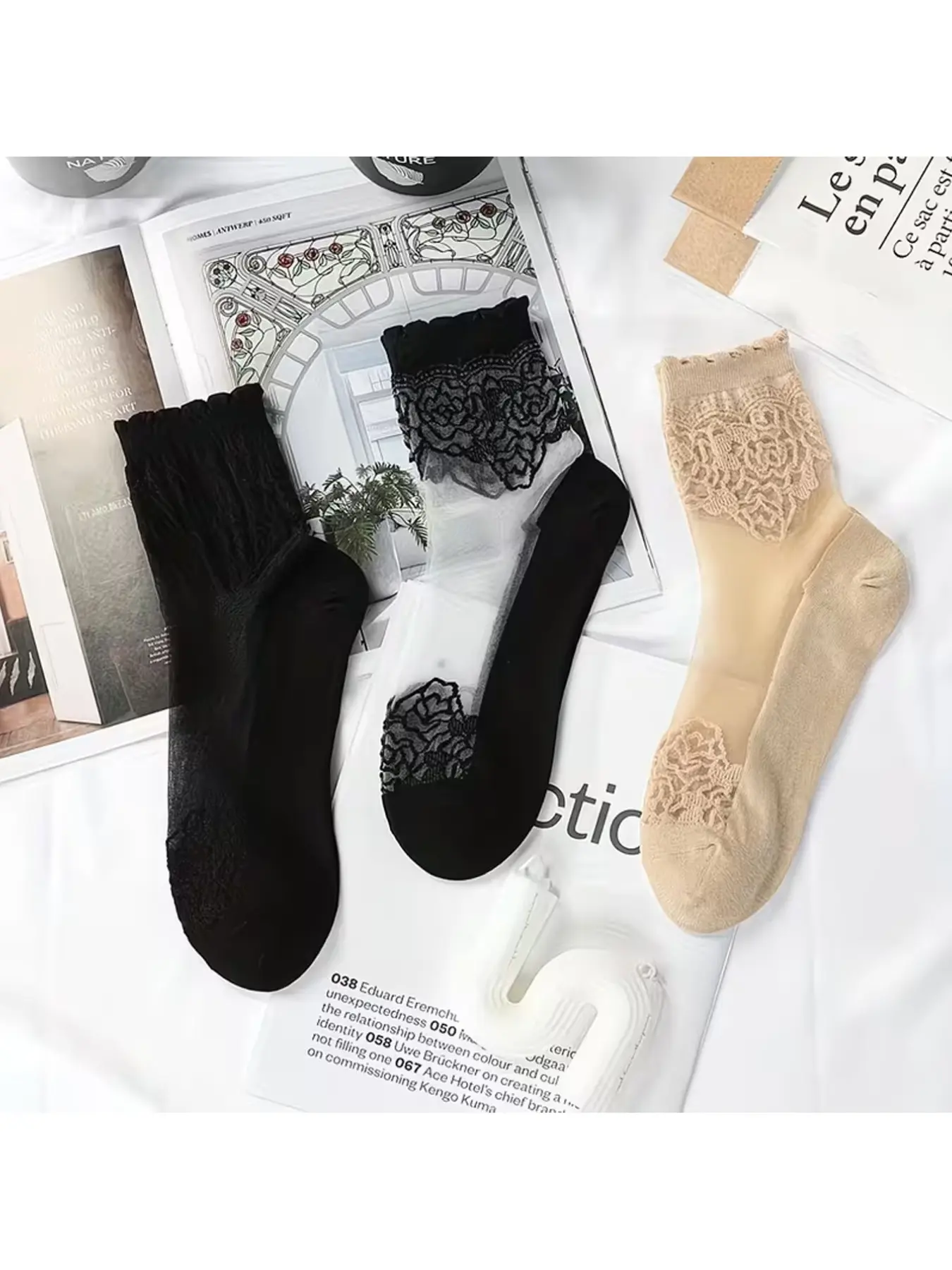 3 Pairs Women’s Sheer Lace Thin Boat Socks, Breathable Anti-Slip Knitted Casual Daily Socks
