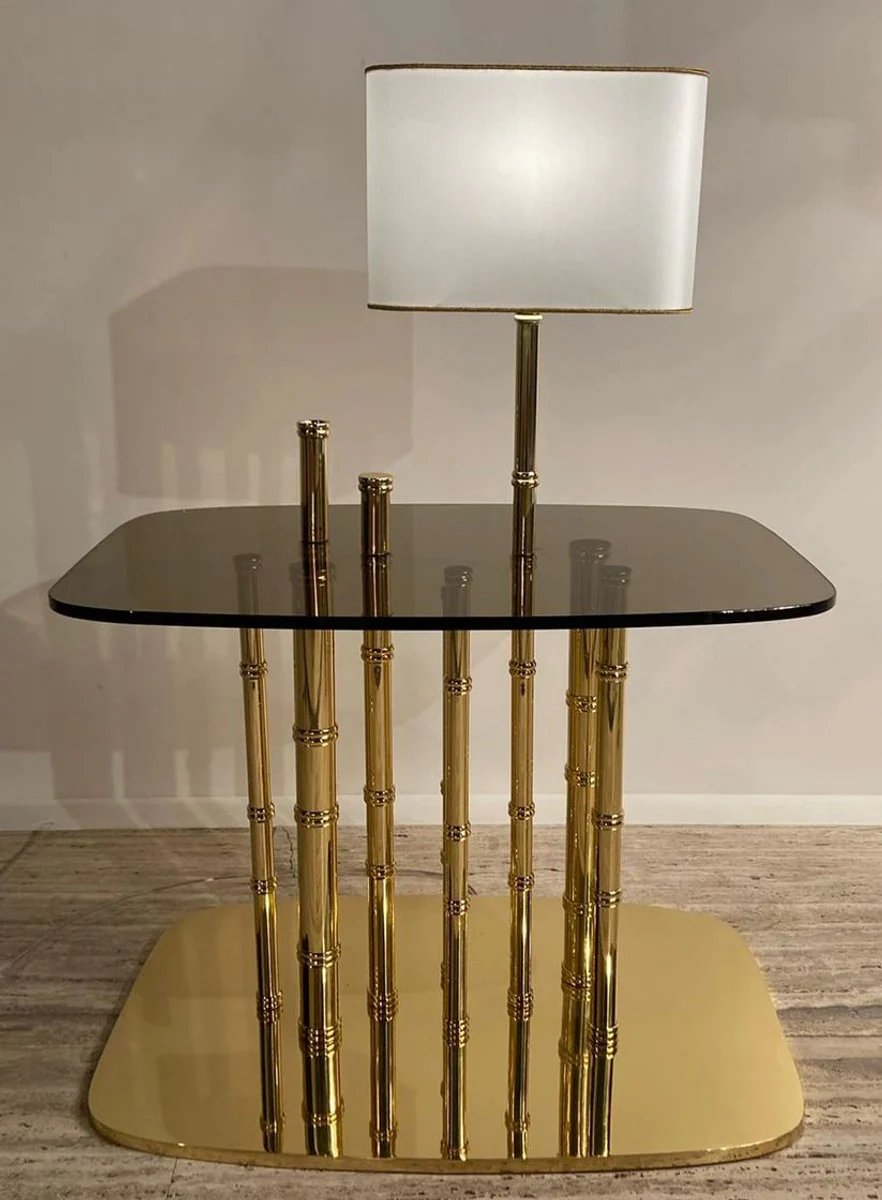 Luxury designer side table bamboo gold / black / white 70 x 45 x H. 40 cm - gold-plated brass bedside table with glass top and integrated table lamp - hotel furniture - luxury quality