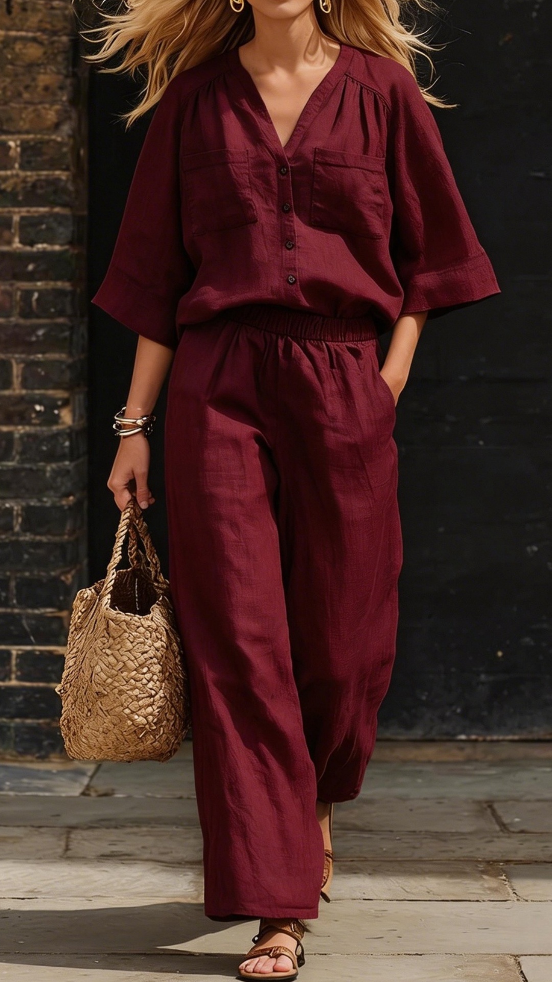 Women's Simple Linen Two-Piece Set: Button-Up Top and Wide-Leg Pants - Nordfashionstorm - Women's Clothing, Fashion for You - Nordfashionstorm.com