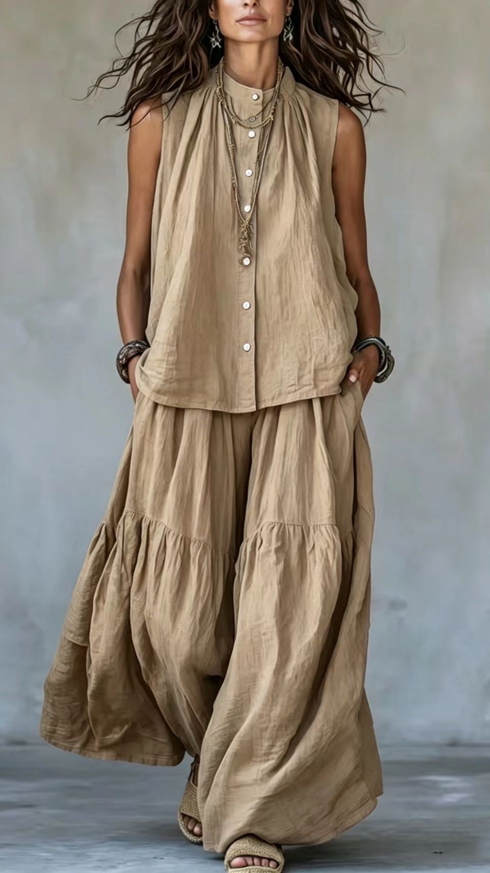 Women's Two-Piece Set: Stand-Collar, Sleeveless Top with Front Placket & Wide-Leg Pants - Nordfashionstorm - Women's Clothing, Fashion for You - Nordfashionstorm.com