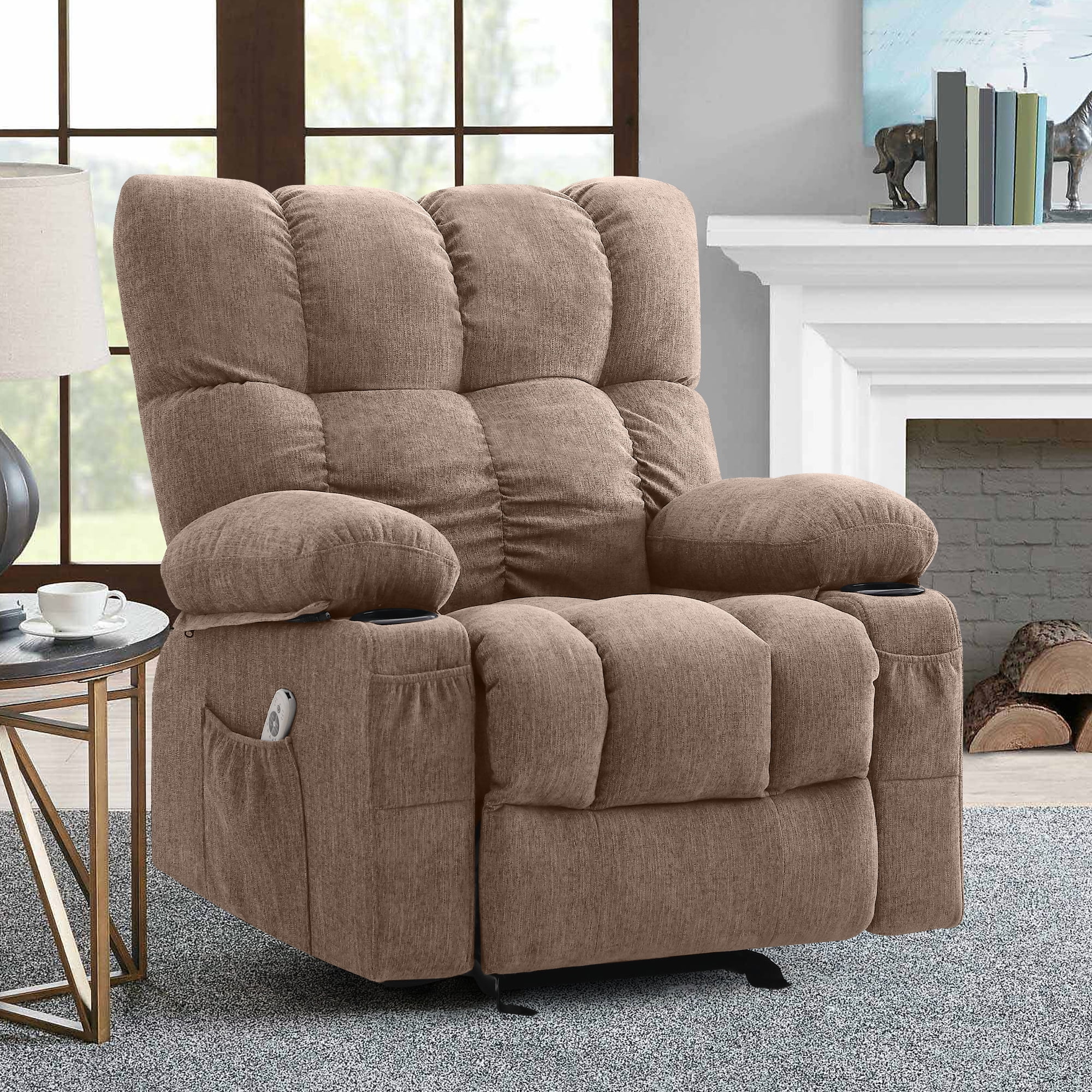 JONPONY Manual Recliner Chair with Heat Therapy and Massage Function, Heavy Duty Reclining Mechanism Massage Chair, Elderly Single Rocker Sofa with Cup Holders for Bedroom Home Theater, Grey
