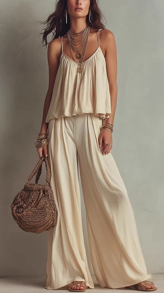Solid-Color Spaghetti Strap Tank Top & High-Waisted Versatile Wide-Leg Casual Pants Two-Piece Set - Nordfashionstorm - Women's Clothing, Fashion for You - Nordfashionstorm.com