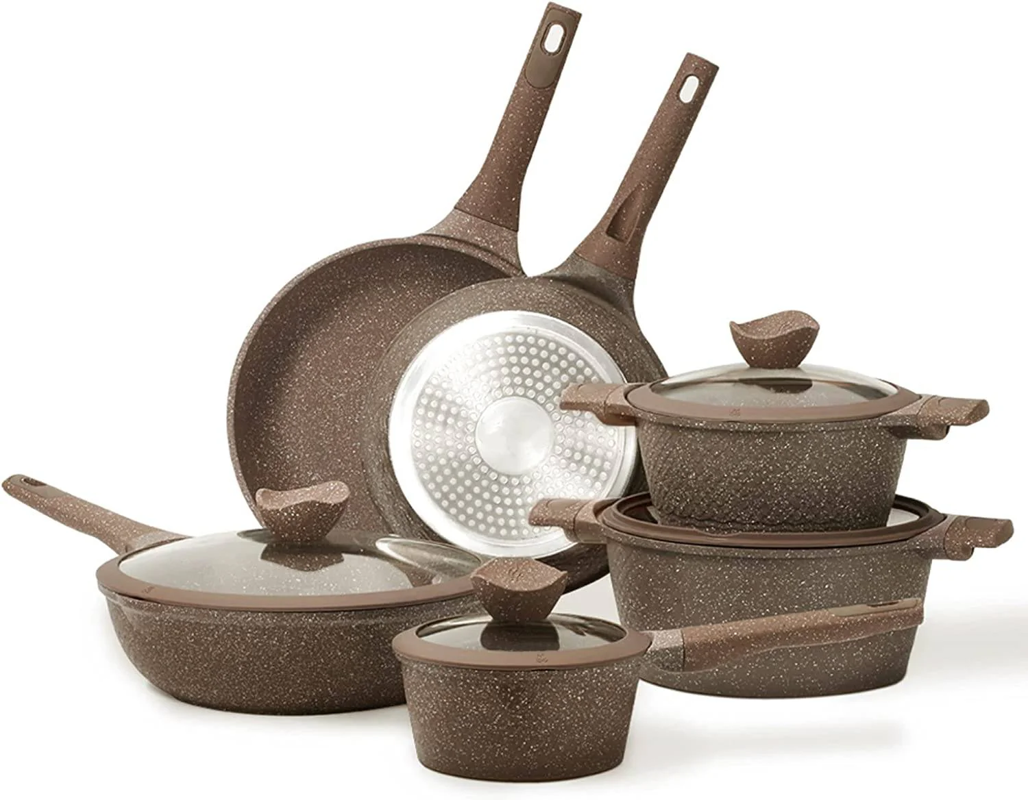 Non-Stick Cookware Set, 10 Piece Pots and Pans Set Non-Stick Healthy Non-Stick Induction Cookware Stone Kitchen Granite Cooking Set with Frying Pans and Pot, PFOS, PFOA Free (Brown Granite)