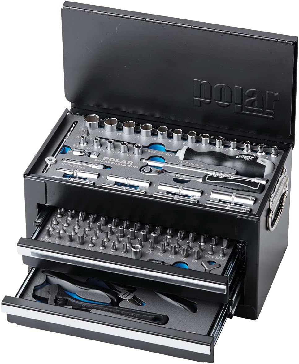 Polar® - Cassetta degli attrezzi di alta qualità con 141 utensili I in scatola di metallo con cacciavite magnetico, prese, cricchetto, chiave regolabile, pinze, punte e altro ancora, adatto per