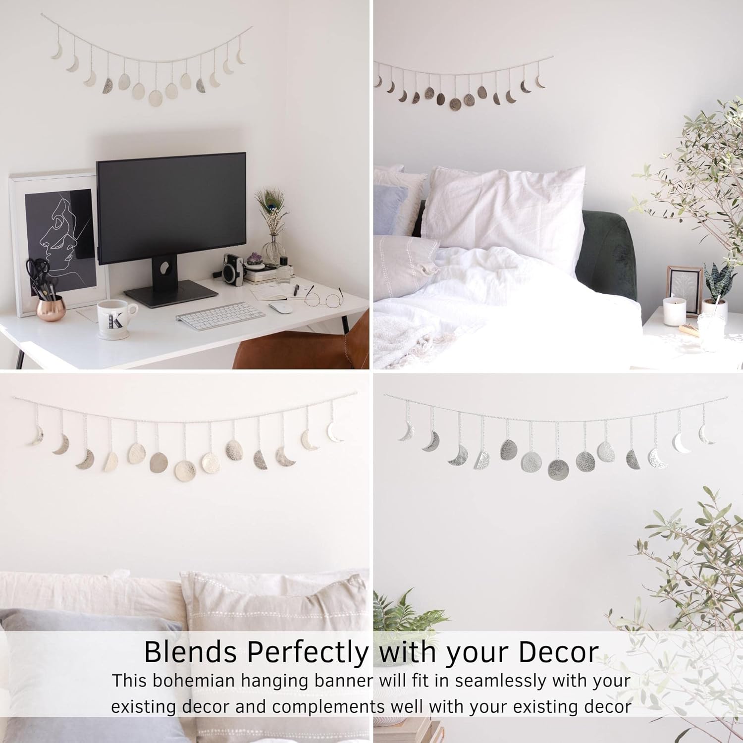 BASE ROOTS Hanging Shelves for Wall [Set of 2 w/Hooks] Wooden Shelf Macrame Rope, Natural Light Reclaimed Wood, Moon Phase Wall Hanging, Handmade Hammered Silver Metal 13 Moons 36