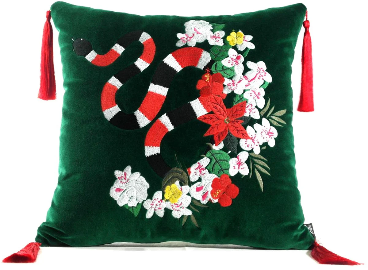 Luxury decorative cushion with tassels snake green / multicolored 45 x 45 cm - finest velvet fabric - luxury quality