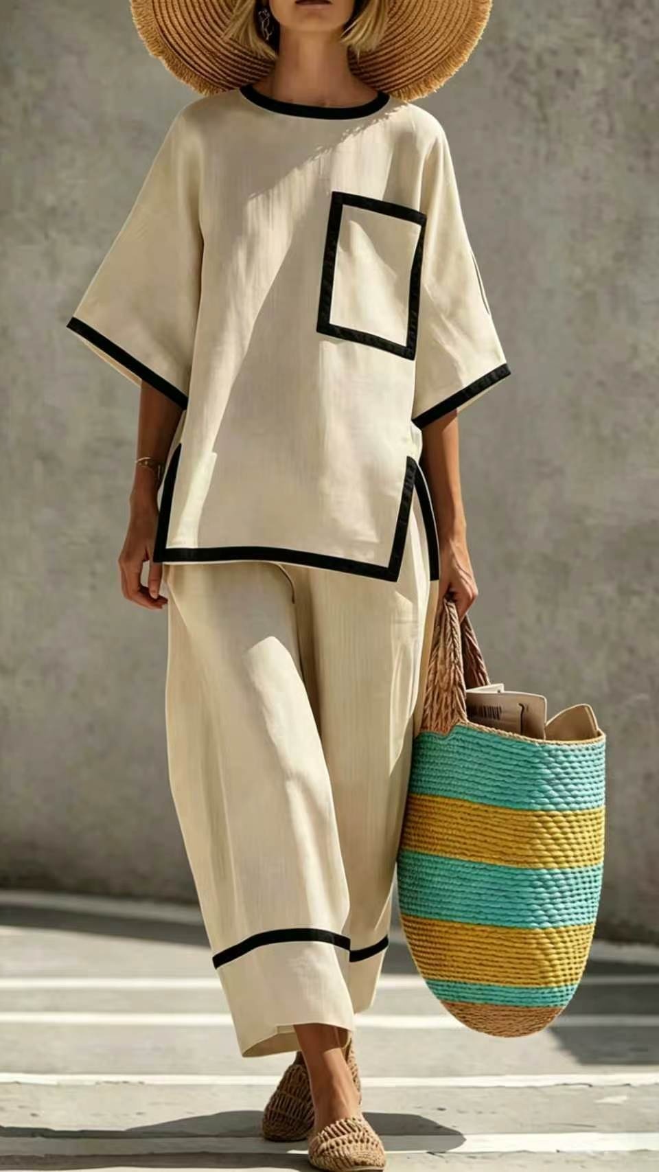 Women's Casual & Commuter Two-Piece Set: Comfortable, Loose-Fit Cotton-Linen Outfit with Round Neckline - Nordfashionstorm - Women's Clothing, Fashion for You - Nordfashionstorm.com