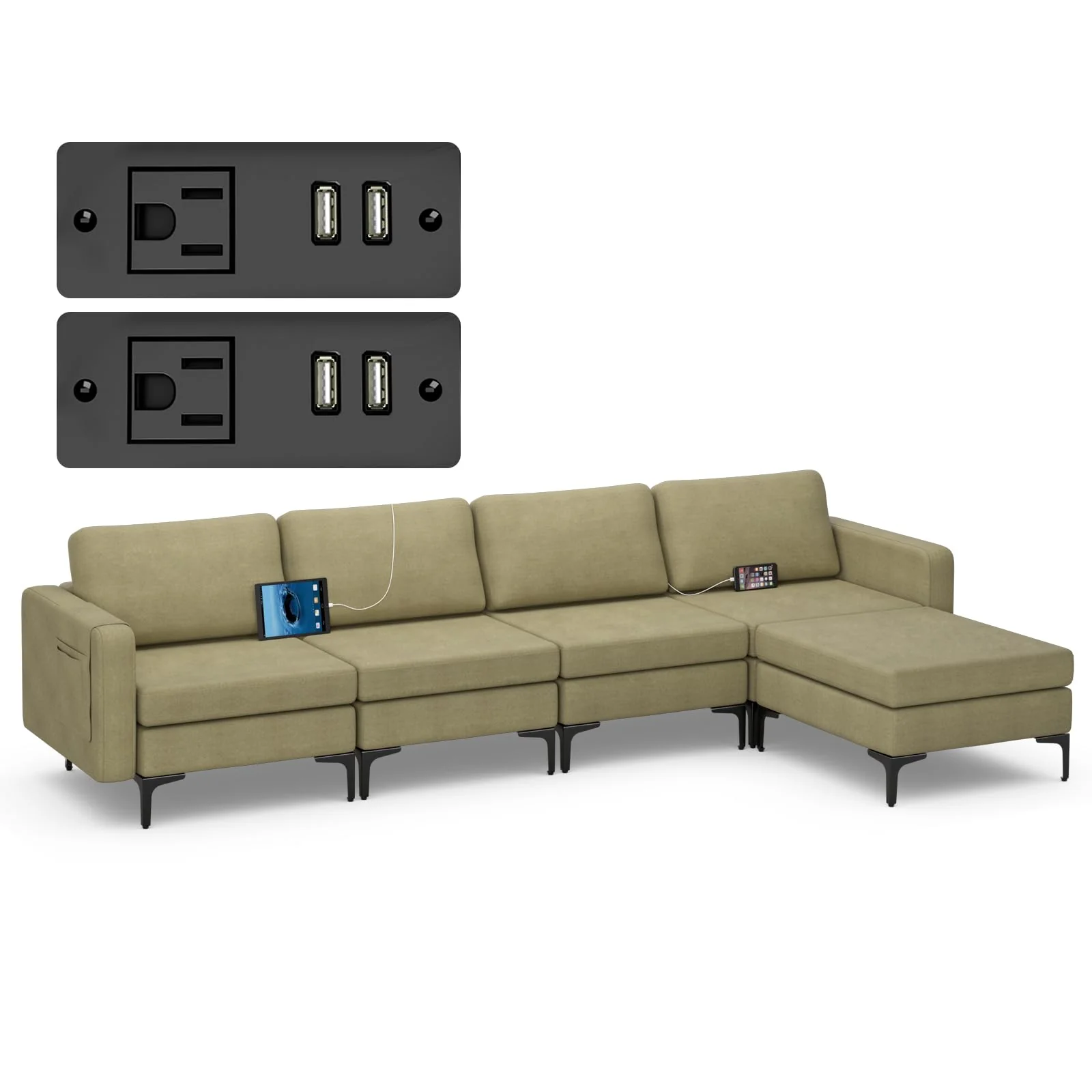 BEFOUNDLOVELY 4 Seat Convertible L-Shaped Sofa Couch, 123 Inch Sectional Sleeper with 2 USB Ports Socket