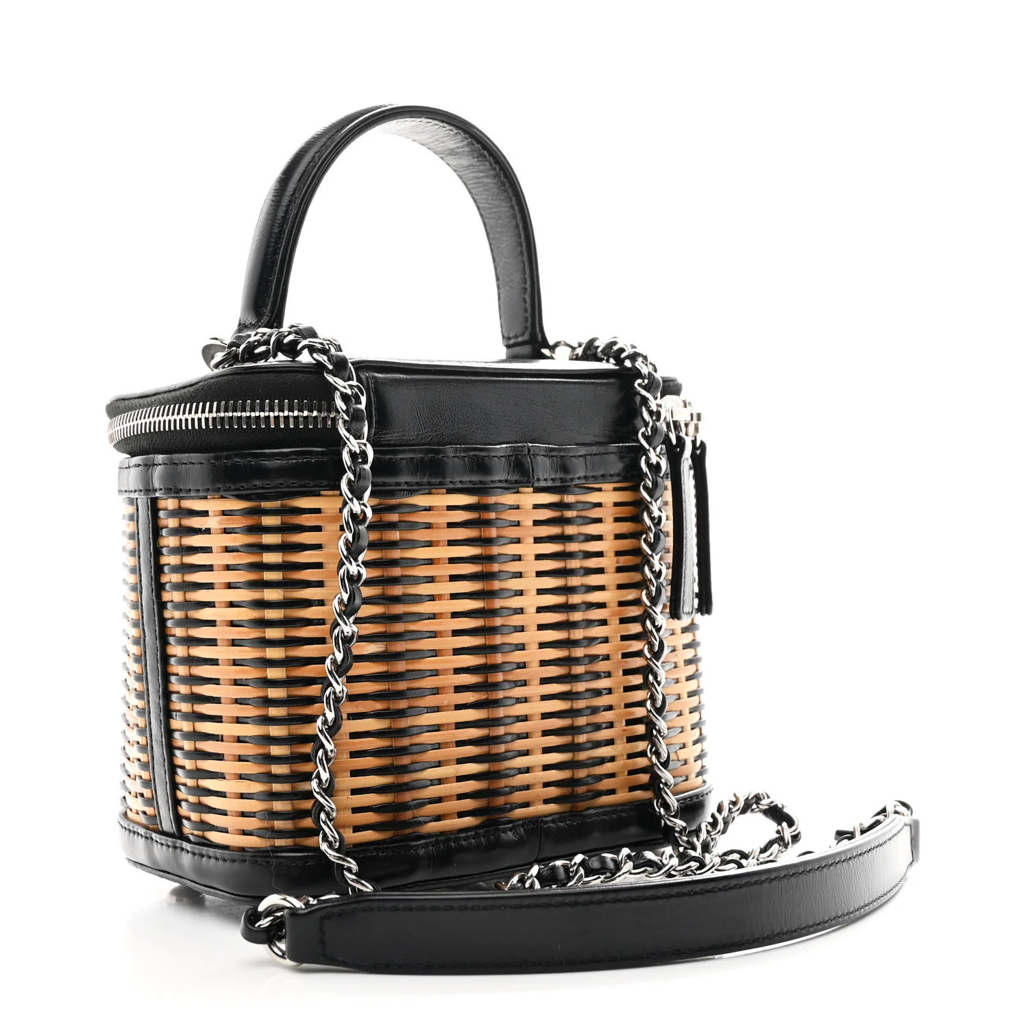 Calfskin Raffia Small Vanity Case Bag Black Beige - Top Club