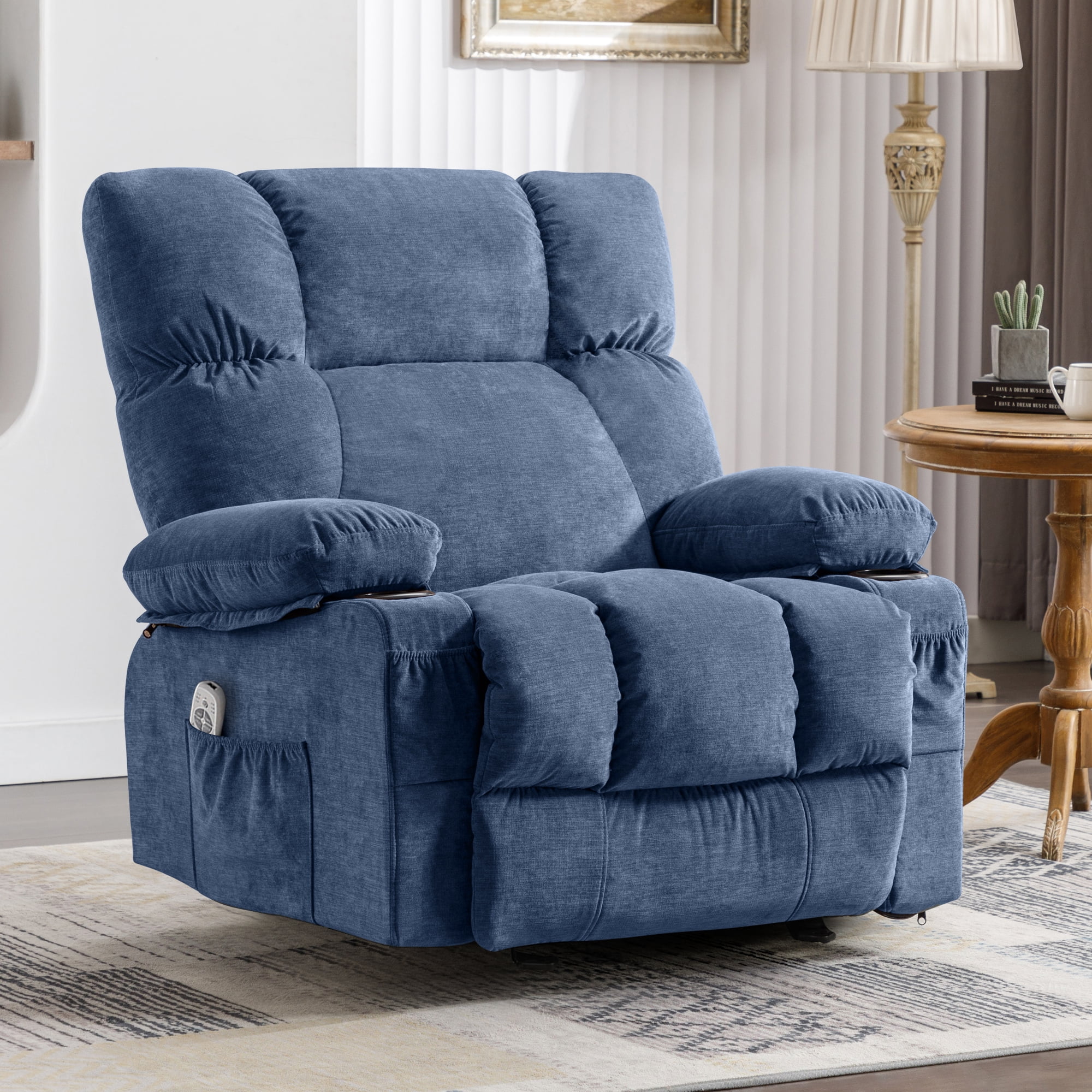 JONPONY Manual Recliner Chair with Heat Therapy and Massage Function, Heavy Duty Reclining Mechanism Massage Chair, Elderly Single Rocker Sofa with Cup Holders for Bedroom Home Theater, Grey