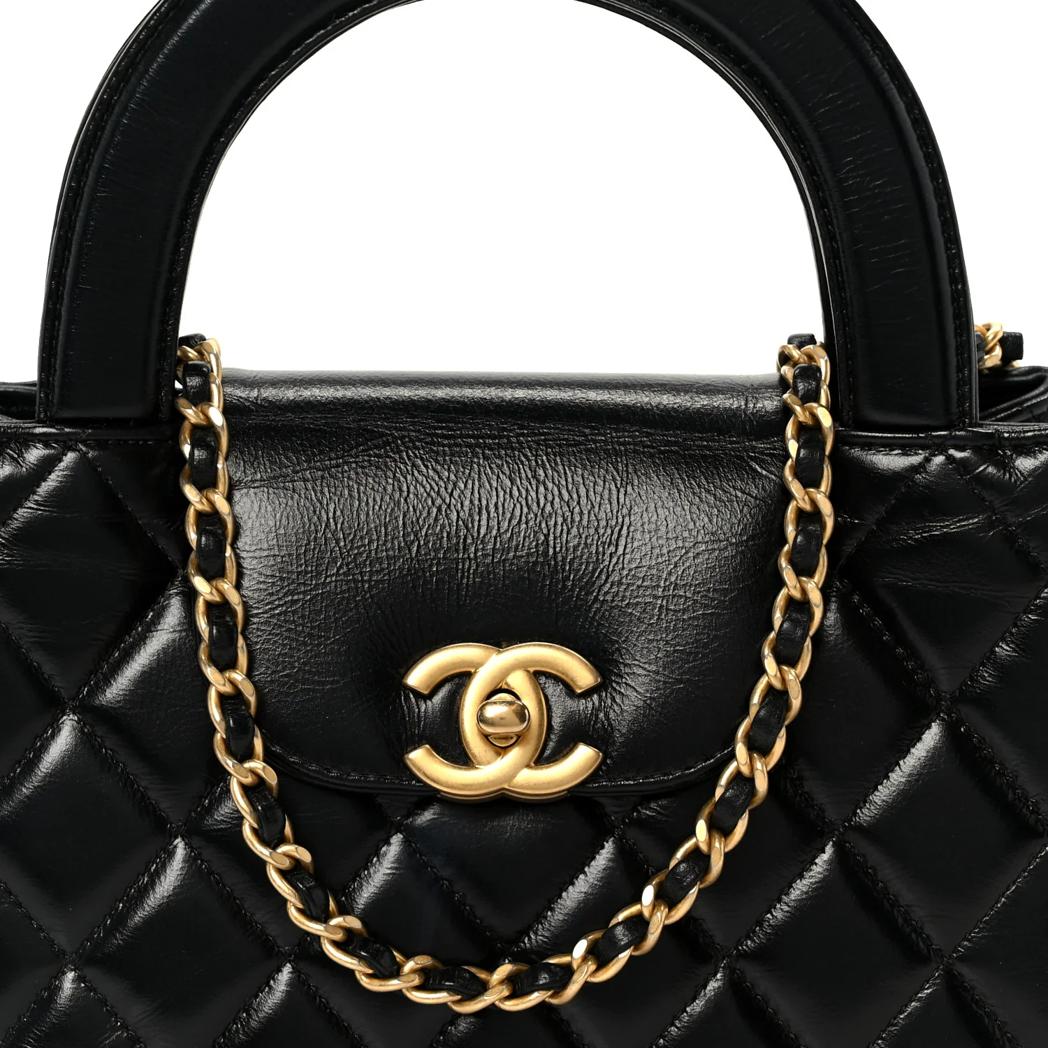 Shiny Aged Calfskin Quilted Nano Kelly Shopper Black - Top Club