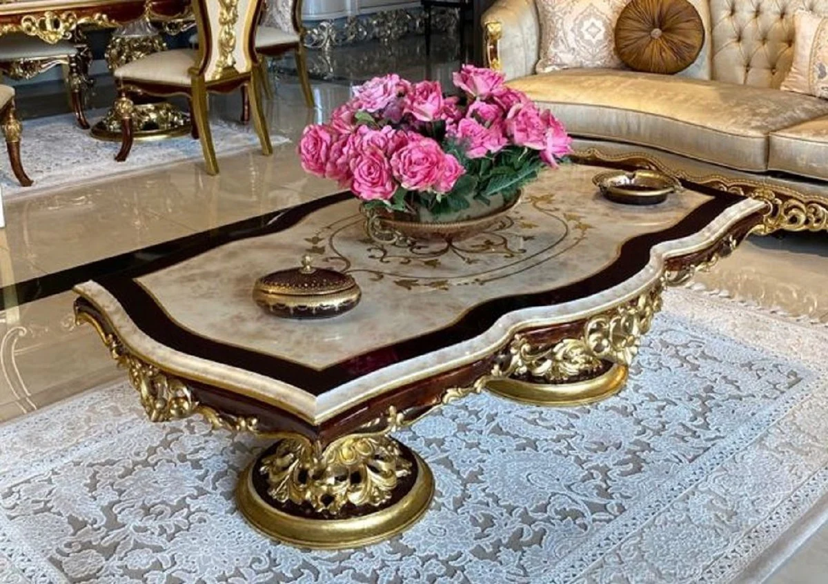 Luxury Baroque Living Room Set Silver / Brown / Gold - 2 Sofas & 2 Armchairs & 1 Coffee Table & 2 Side Tables - Handcrafted Living Room Furniture in Baroque Style - Noble & Magnificent