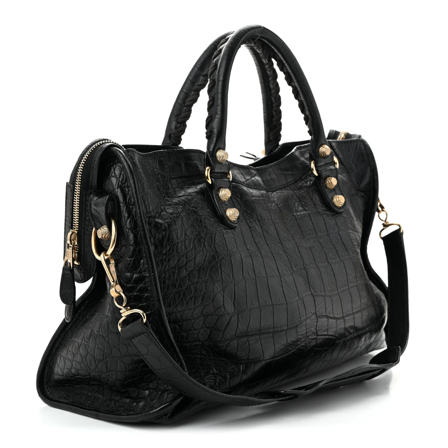 Calfskin Crocodile Embossed Giant 12 Gold Hardware City Black - Top Club