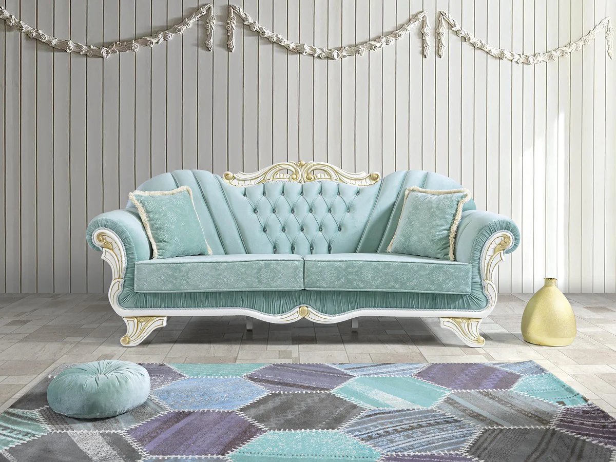 Baroque living room sofa with glittering stones light green / white / gold 235 x 87 x H. 102 cm - Noble living room furniture in the baroque style