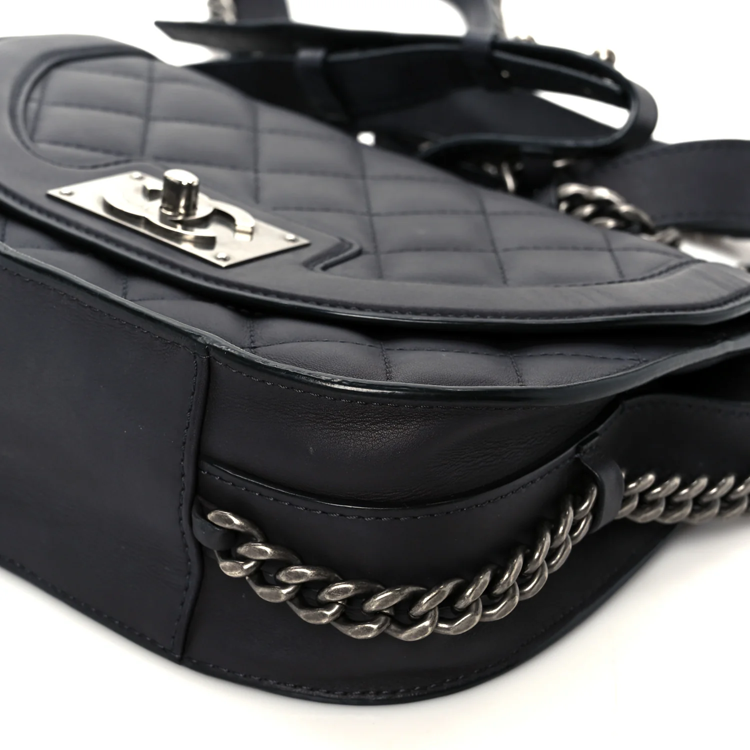 Shiny Goatskin Quilted Small Double Chained Messenger Flap Black - Top Club