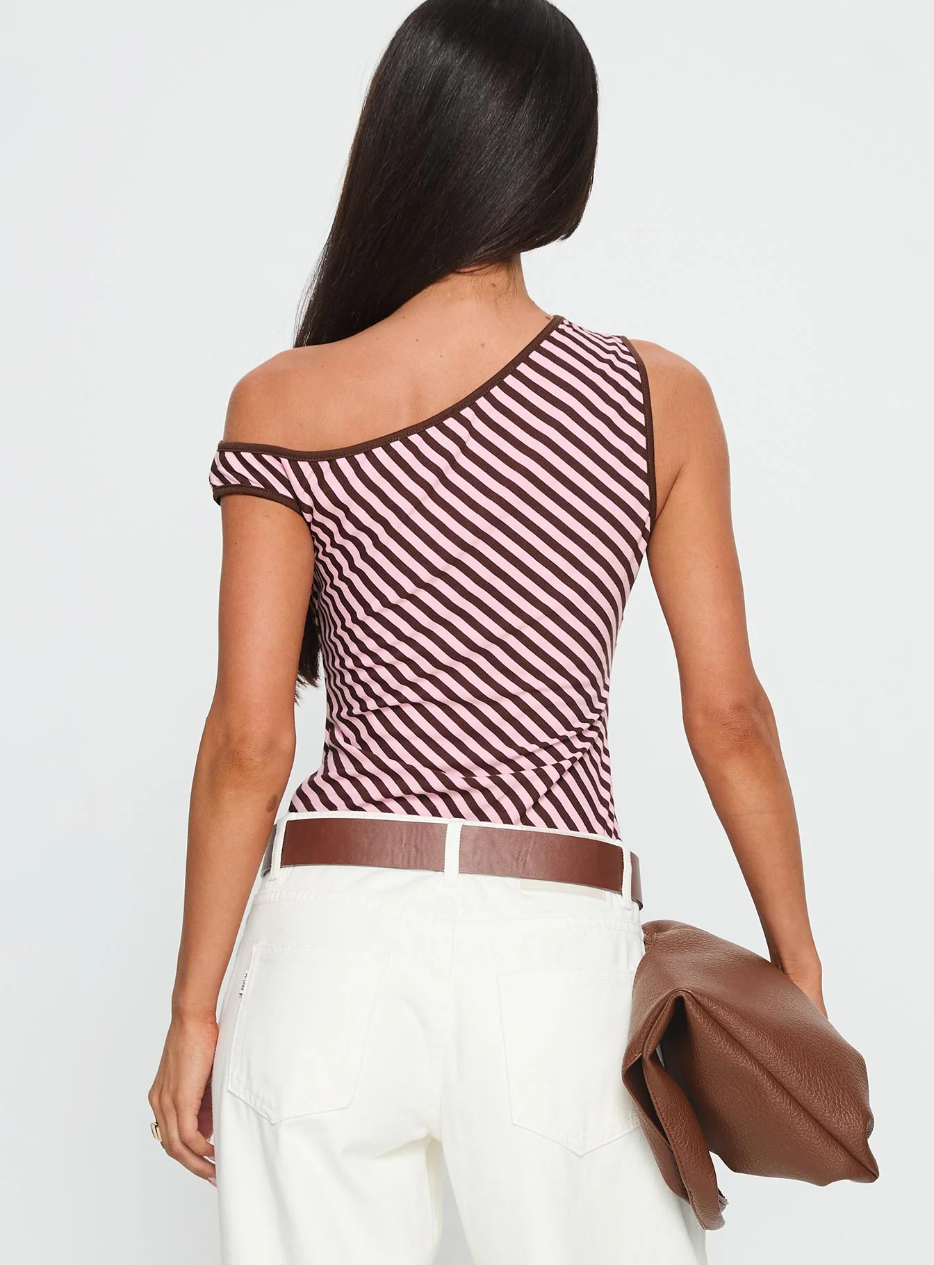 Ayviana One Shoulder Bodysuit Pink / Brown Stripe