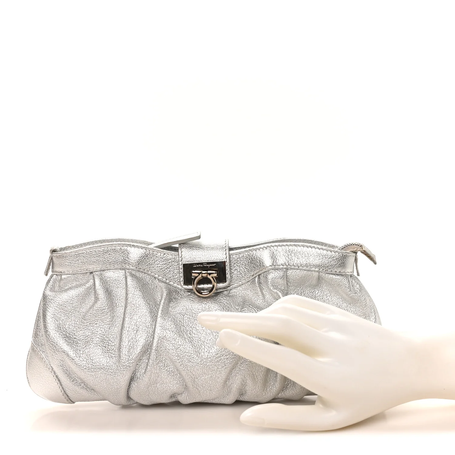 Metallic Calfskin Small Gancini Clutch Silver - Top Club