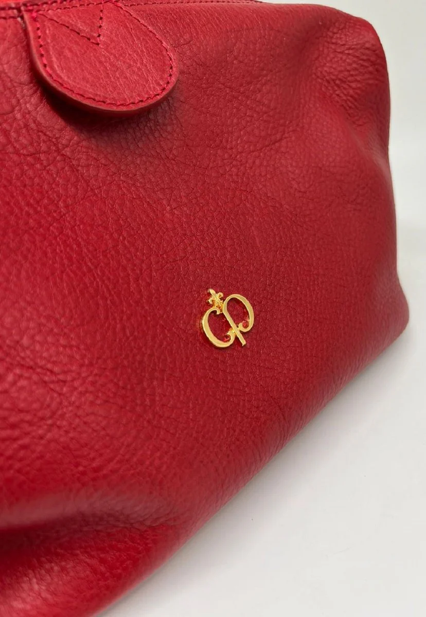 Luxury genuine leather cosmetic bag red / gold 28 cm - Made in Italy