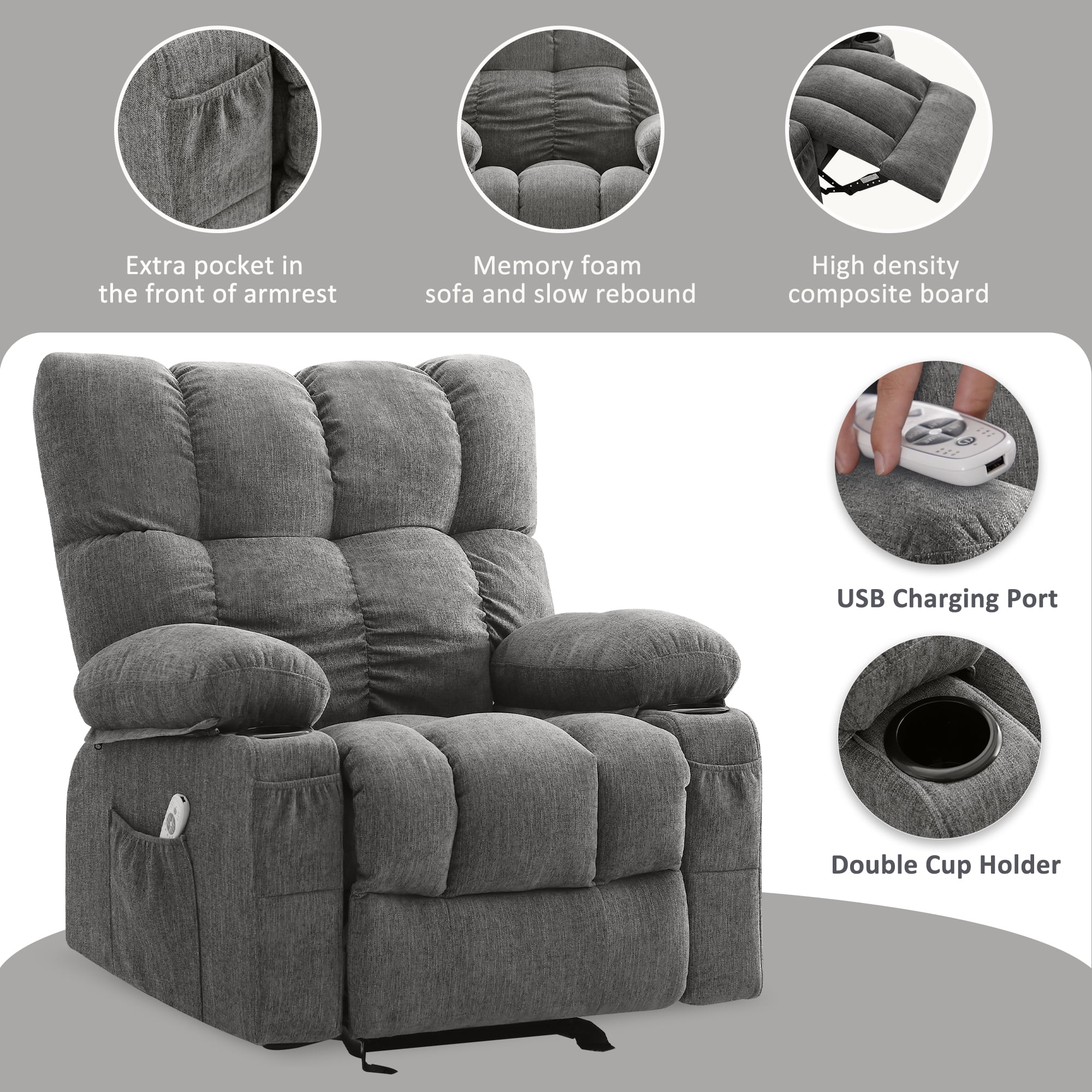 JONPONY Manual Recliner Chair with Heat Therapy and Massage Function, Heavy Duty Reclining Mechanism Massage Chair, Elderly Single Rocker Sofa with Cup Holders for Bedroom Home Theater, Grey