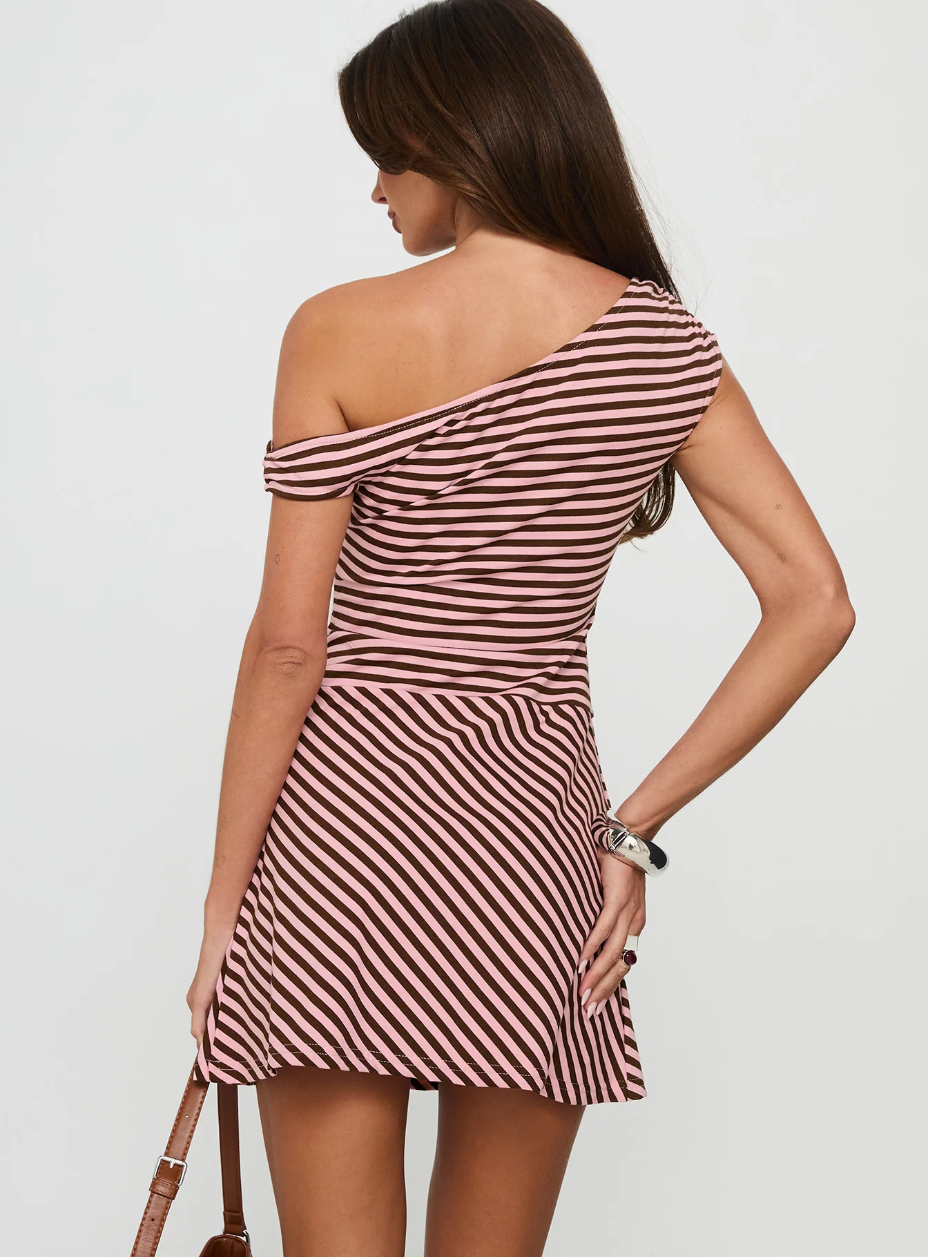 My Fun Off Shoulder Jersey Mini Dress Pink / Brown Stripe