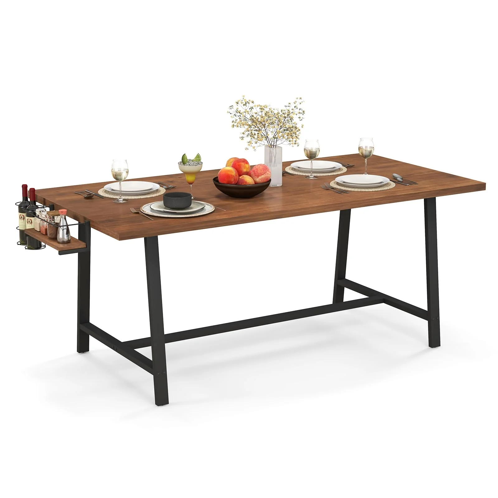 BEFOUNDLOVELY 72-Inch Rectangular Dining Table with 2-Bottle Wine Rack, Condiment Holder & Metal Footrest
