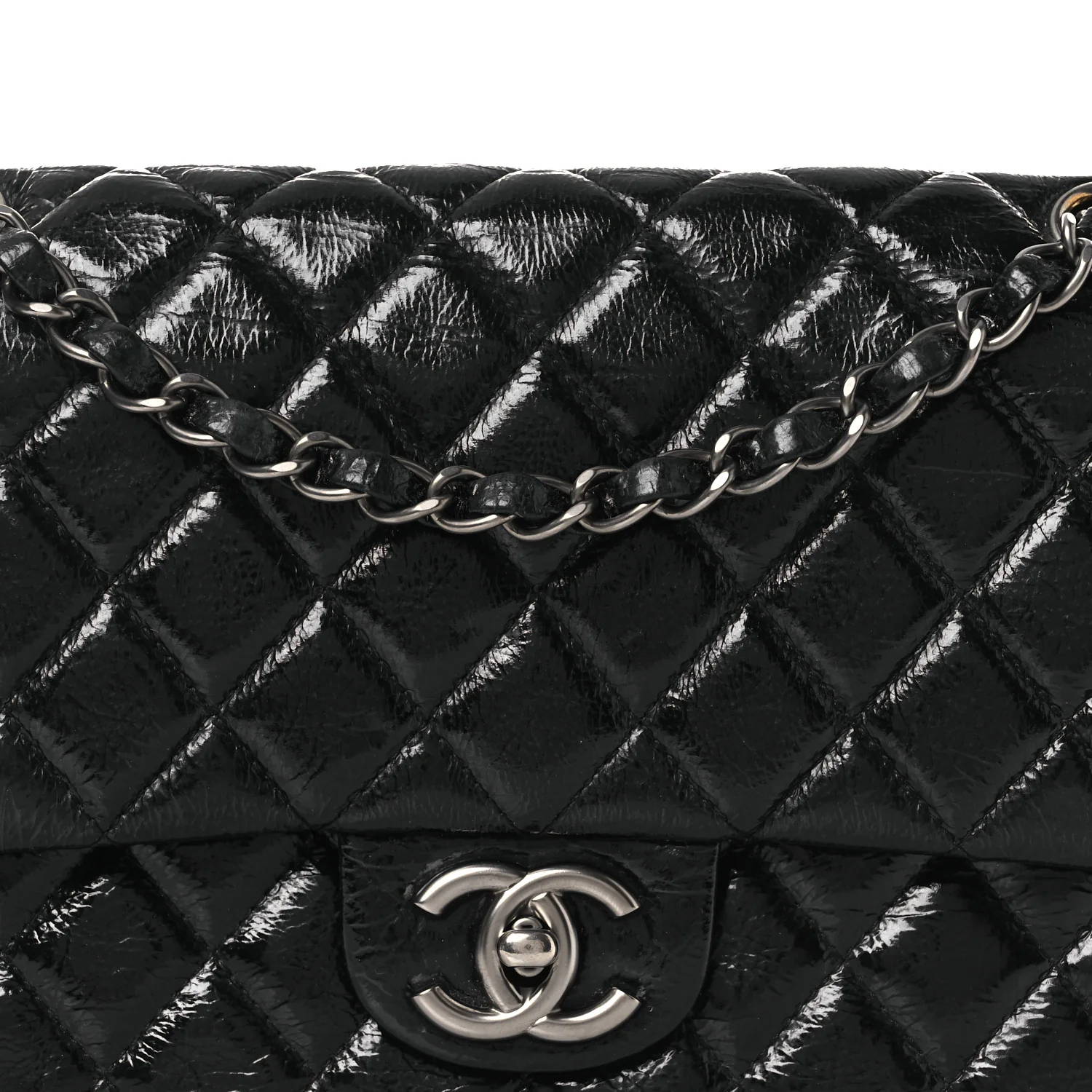 Distressed Patent Quilted Medium Double Flap Black - Top Club