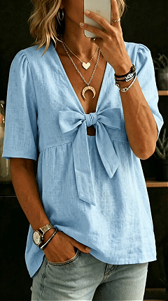 Women's fashionable loose casual V-neck tie bow shirt - Nordfashionstorm - Women's Clothing, Fashion for You - Nordfashionstorm.com