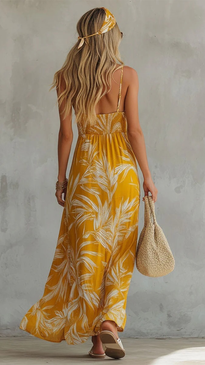 Women's Printed Yellow Sleeveless V-Neck Maxi Dress - Nordfashionstorm - Women's Clothing, Fashion for You - Nordfashionstorm.com