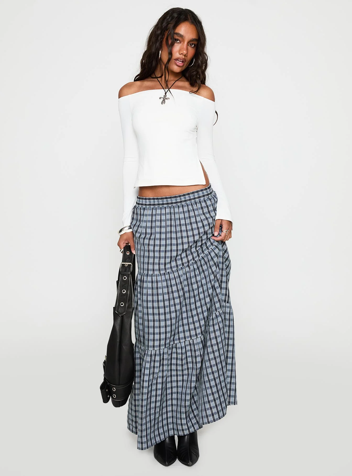 Rockwell Tiered Midi Skirt Navy Check