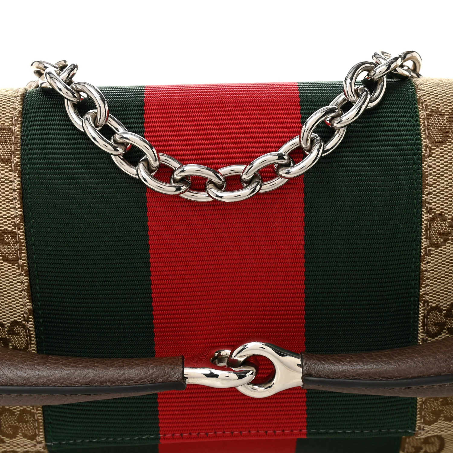 Monogram Textured Dollar Calfskin Heavy Grosgrain Web Medium Maxi Horsebit Chain Shoulder Bag Beige Ebony New Acero - Top Club