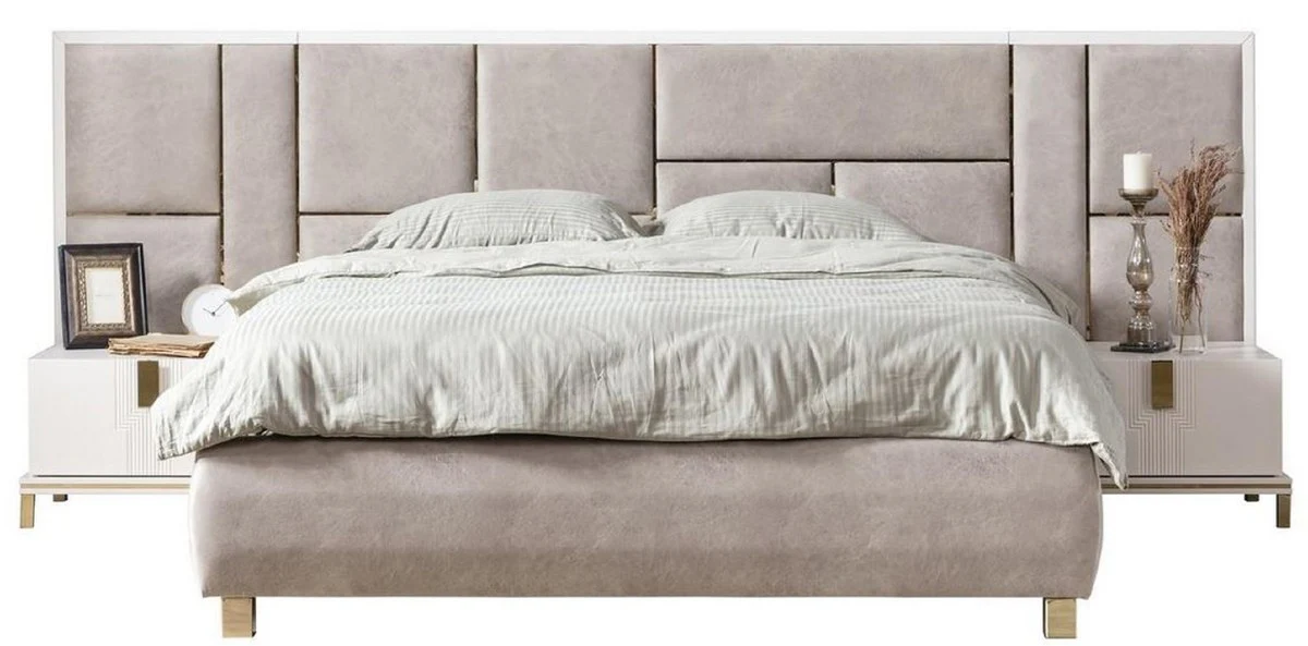Luxury Solid Wood Bedroom Set Gray / White / Gold - 1 Double Bed with Headboard & 2 Bedside Tables - Luxury Bedroom Furniture