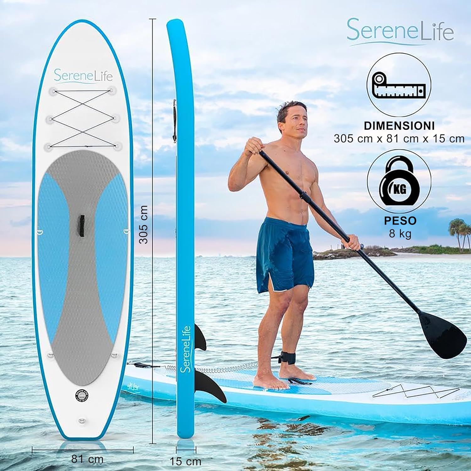 SereneLife Stand up Paddle Board Gonfiabile - Pagaia SUP Antiscivolo, Pompa, Cordino di Sicurezza e Accessori Giovani