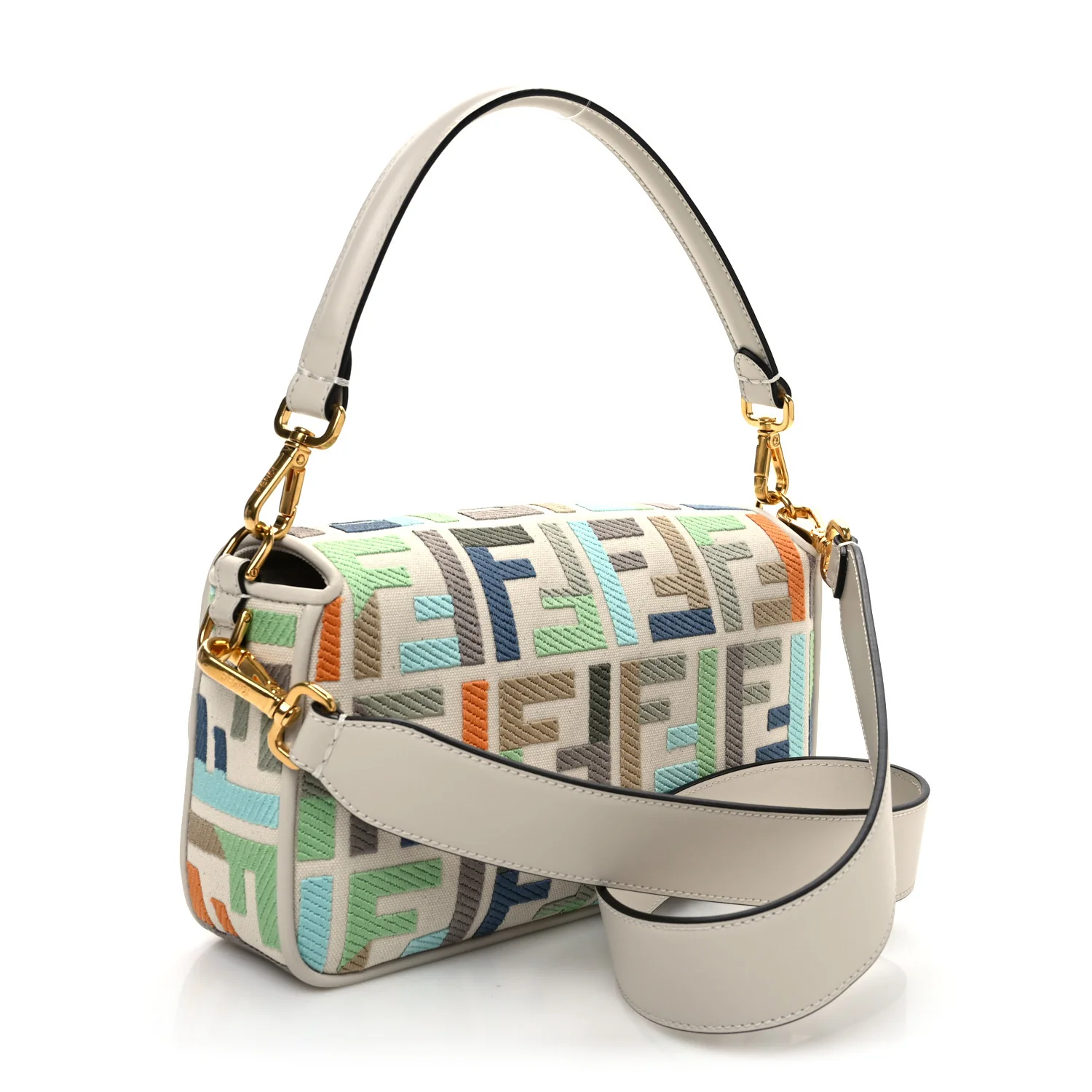 Canvas Vitello Seta FF Multicolor Embroidered Baguette Grezzo Multicolor Latte - Top Club