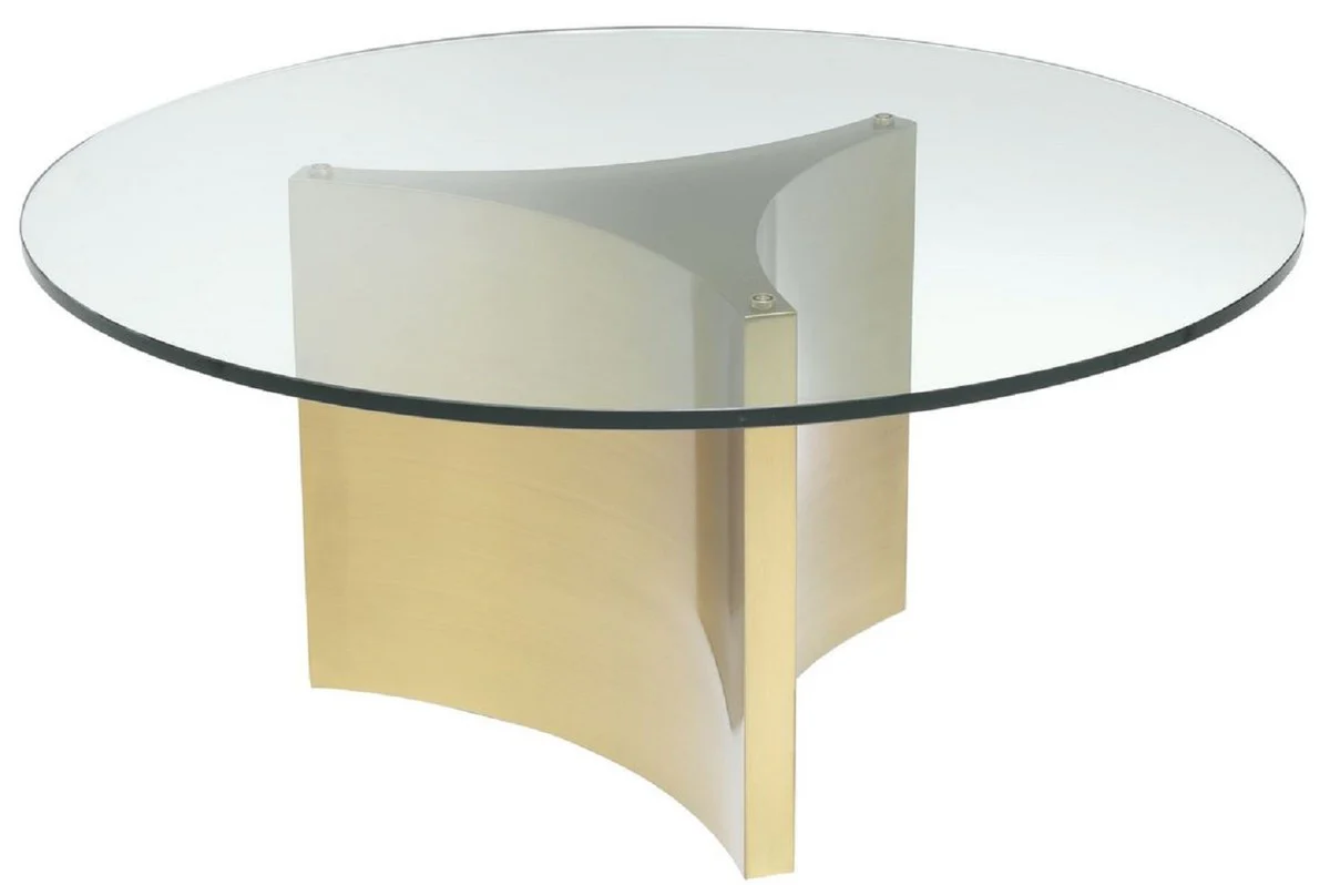 Luxury coffee table white / antique brass Ø 104 x H. 46.5 cm - Round stainless steel living room table with glass top and 3 elegant stools - Living room furniture - Luxury furniture