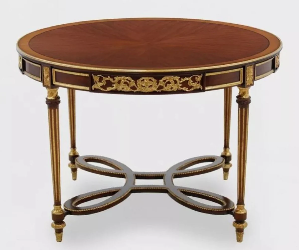 Luxury Baroque Dining Table Dark Brown / Brown / Antique Gold - Round Baroque Style Solid Wood Kitchen Table - Luxury Dining Room Furniture in Baroque Style - Baroque Dining Room Furniture