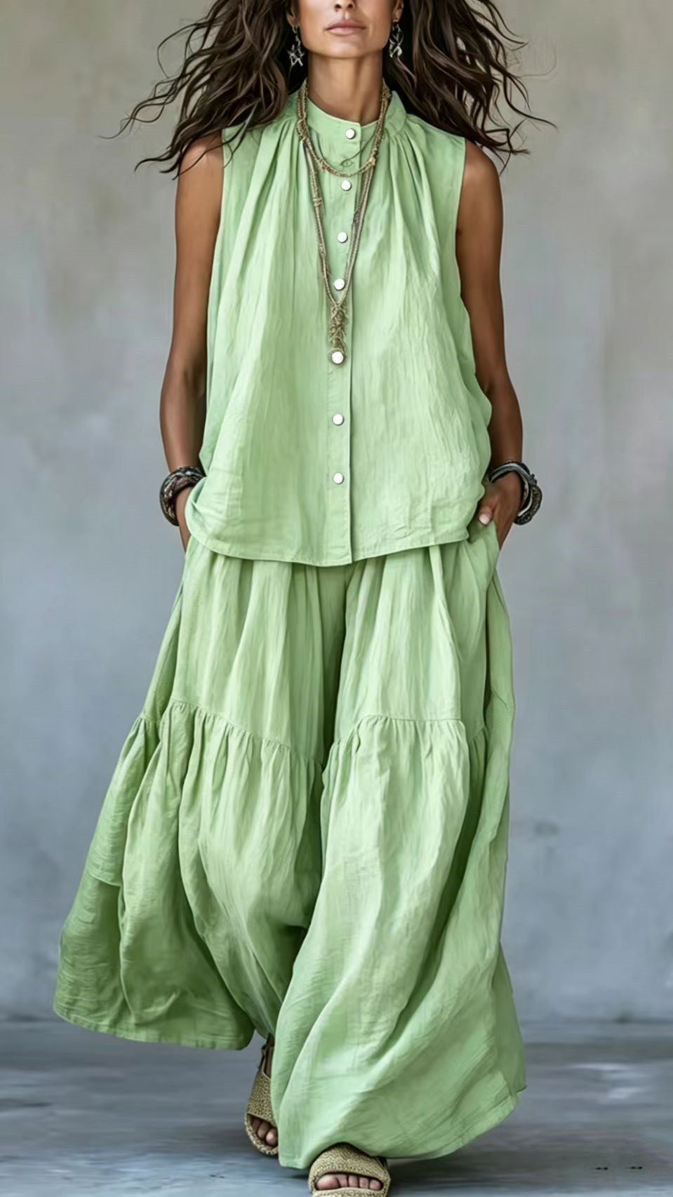 Women's Two-Piece Set: Stand-Collar, Sleeveless Top with Front Placket & Wide-Leg Pants - Nordfashionstorm - Women's Clothing, Fashion for You - Nordfashionstorm.com