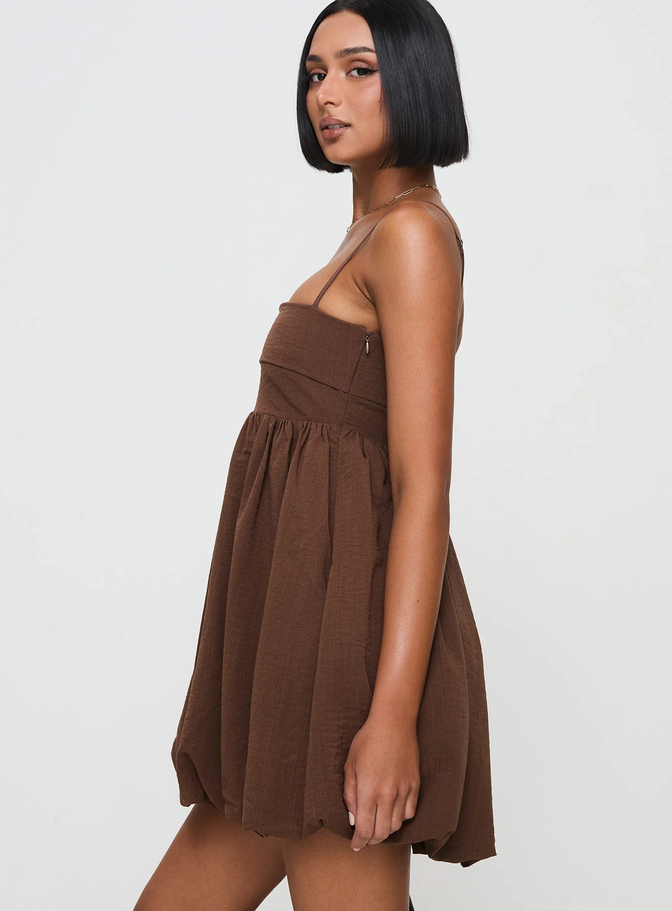 Layken Bubble Hem Mini Dress Chocolate Petite
