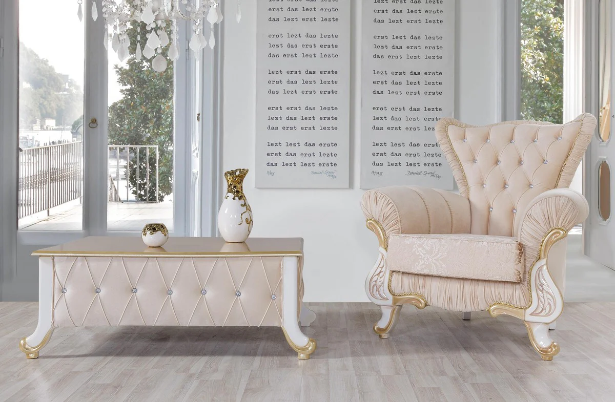 Baroque coffee table beige / white / gold 100 x 64 x H. 43 cm - Noble baroque style living room table with glittering stones - Baroque furniture