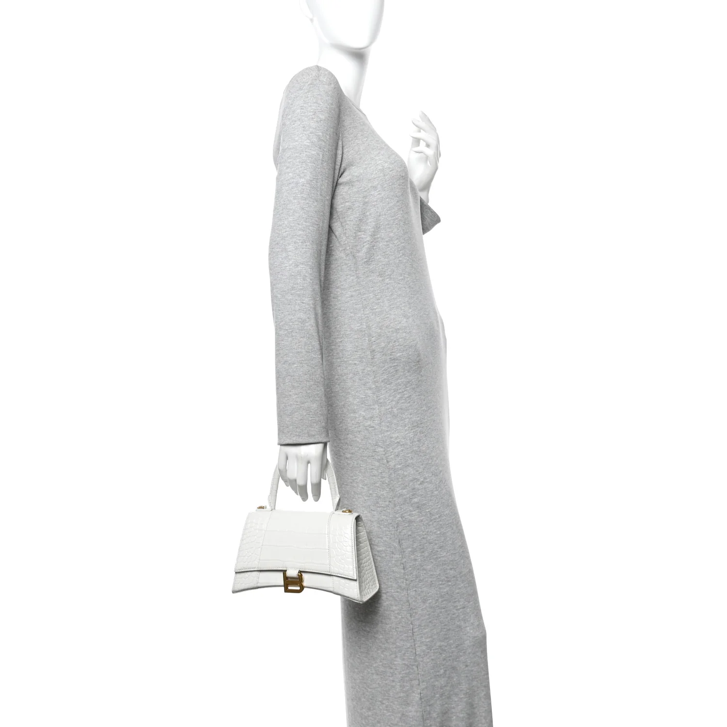 Calfskin Crocodile Embossed Small Hourglass Top Handle Bag White