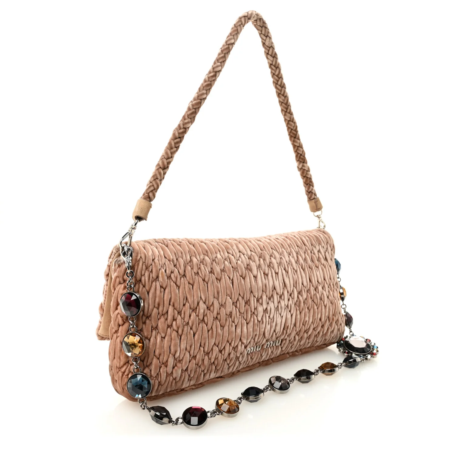 Velvet Matelasse Crystal Chain Shoulder Bag Cammeo - Top Club