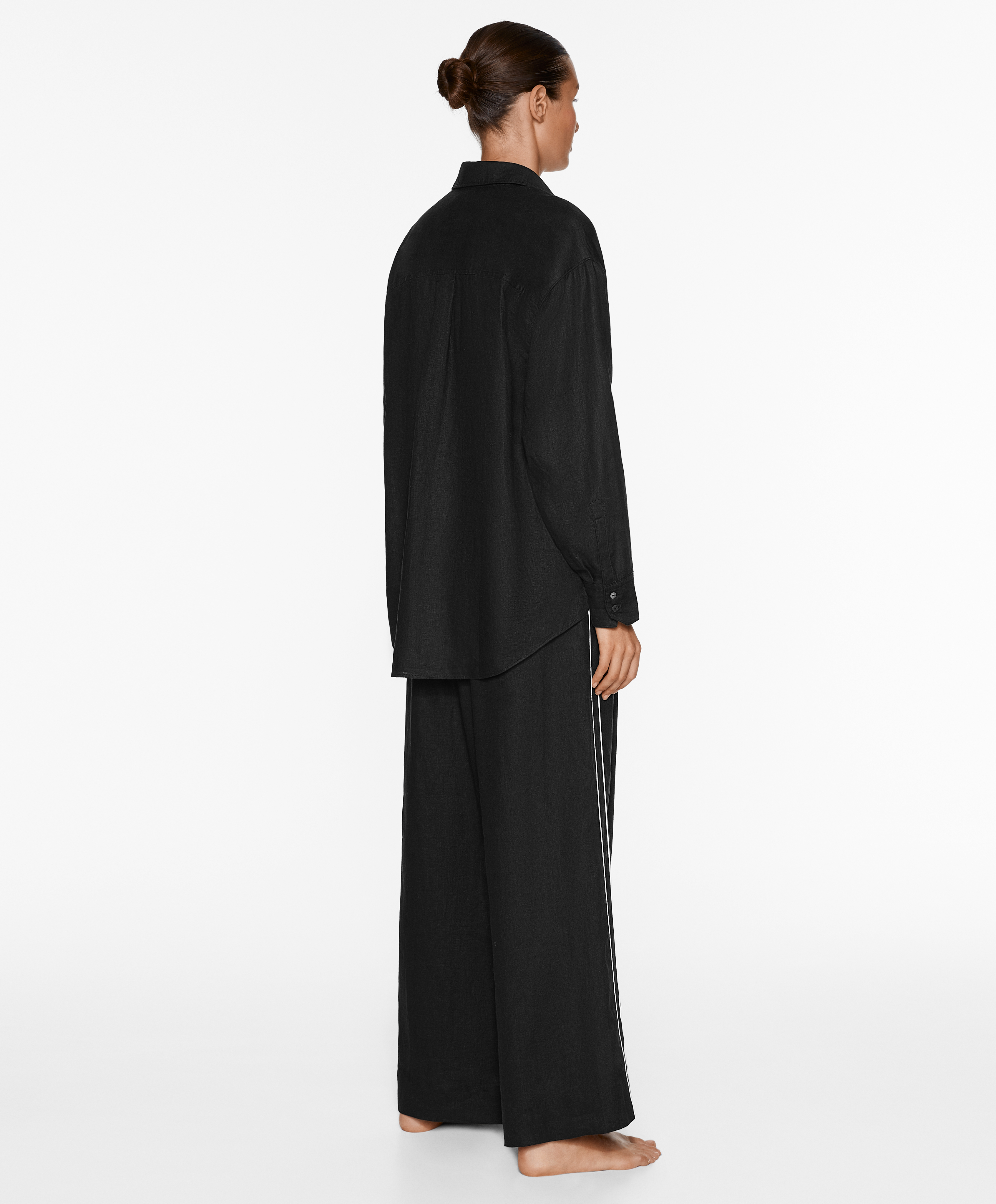 OYSHO 100% linen wide straight-leg trousers with piping