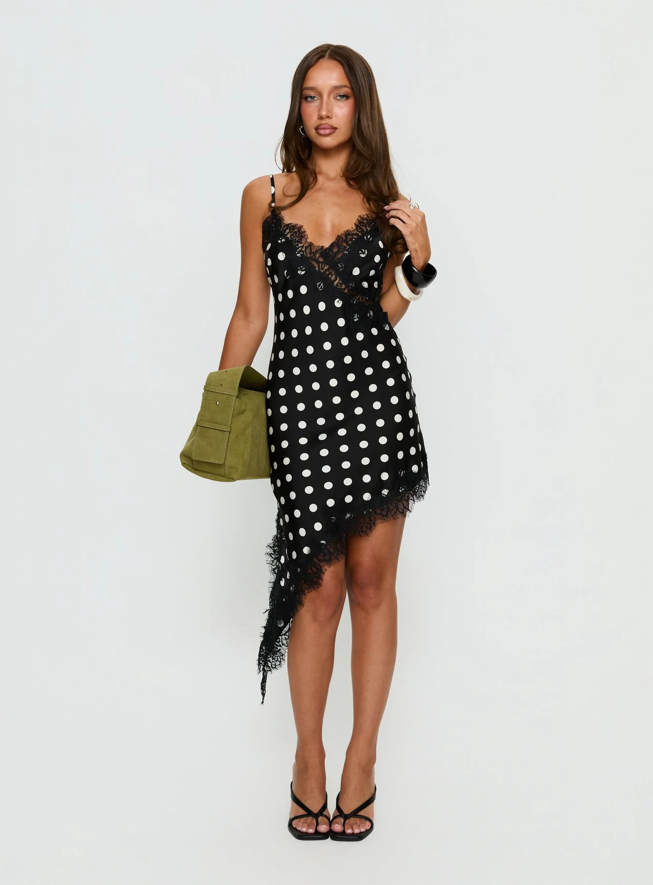 Afterdark Lace Asymmetrical Mini Dress Black Polka Dot