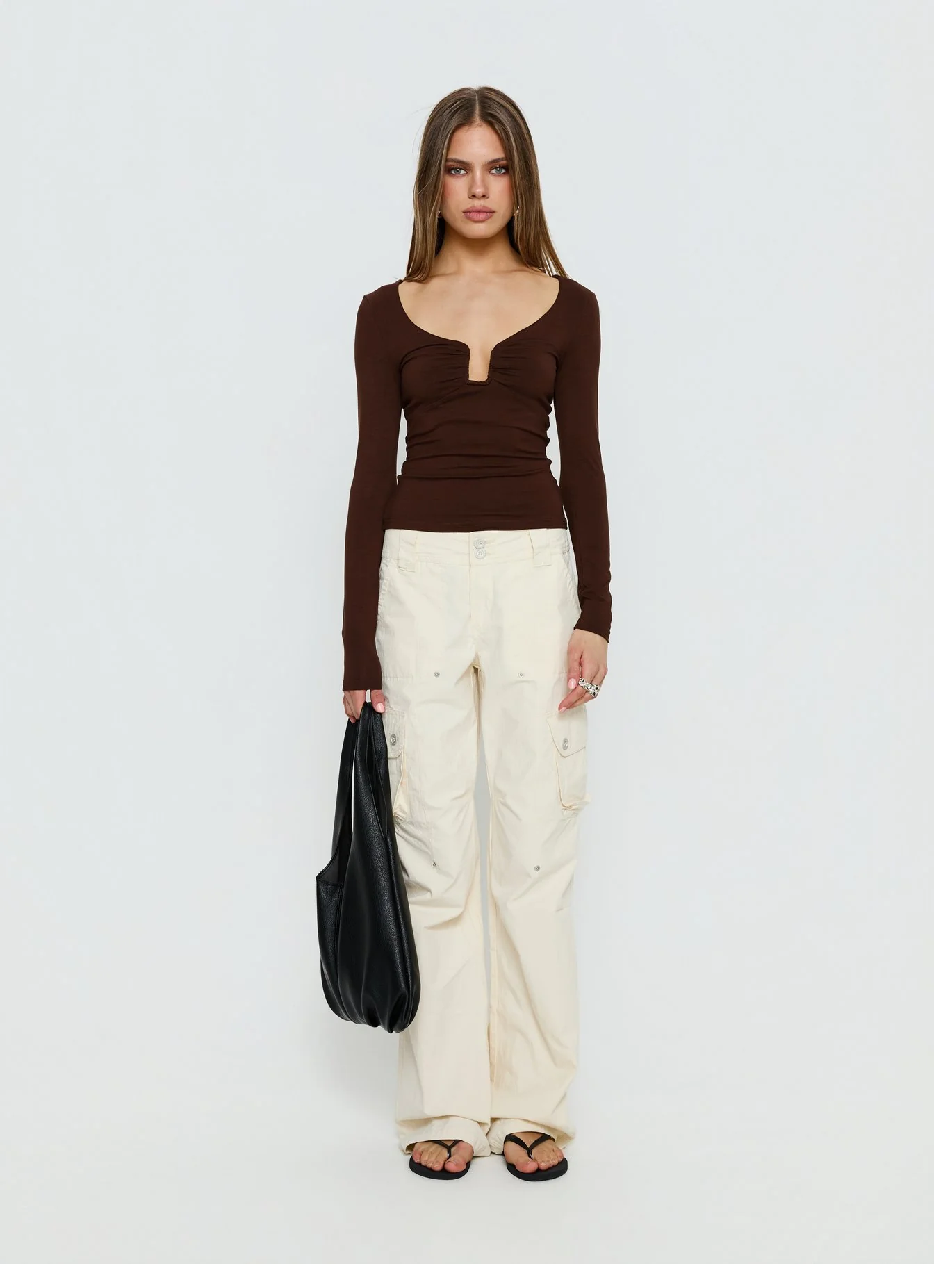 Serelle Long Sleeve Bust Detail Top Chocolate