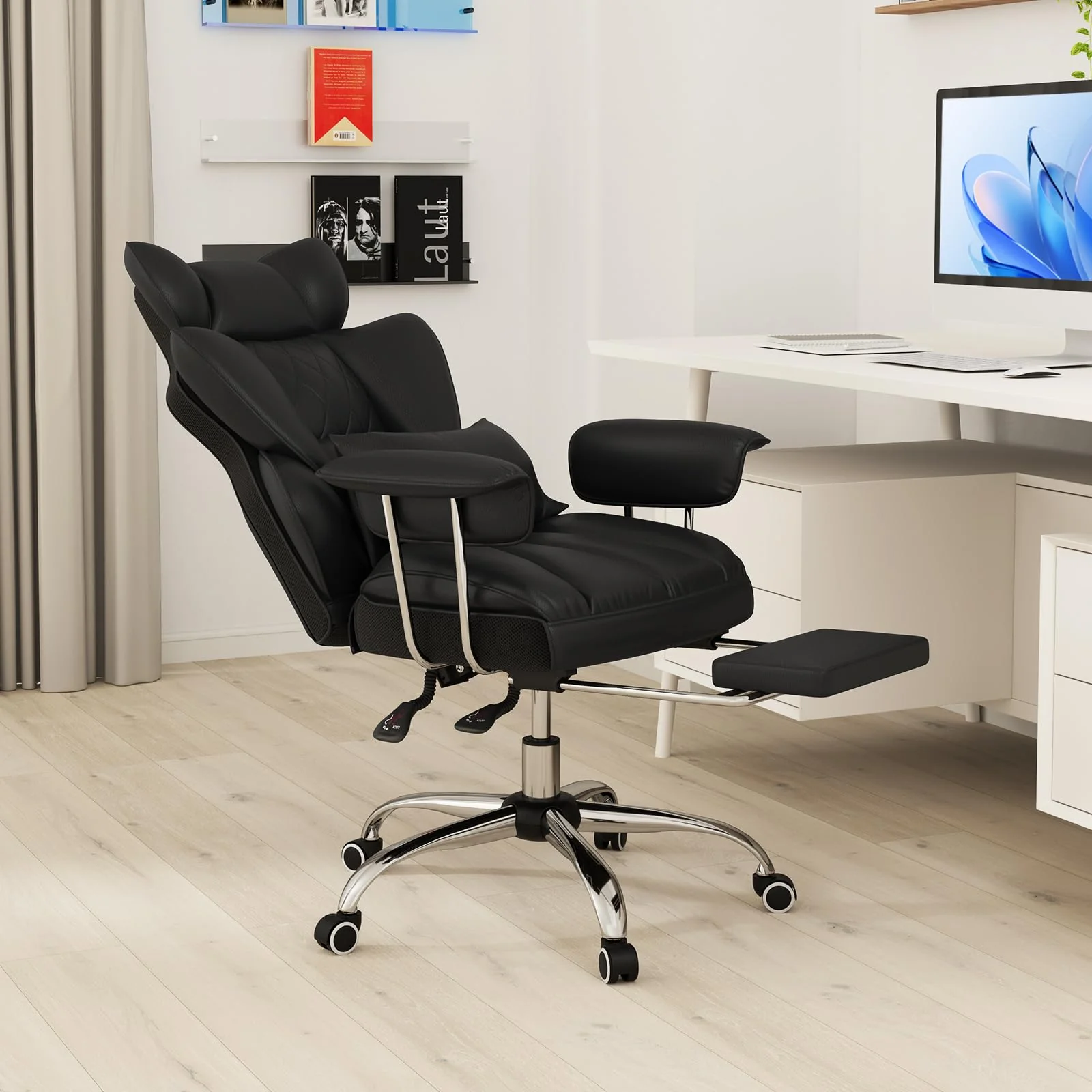 BEFOUNDLOVELY 400 LBS Big and Tall Office Chair, PU Leather Executive Desk Chair w/Retractable Footrest