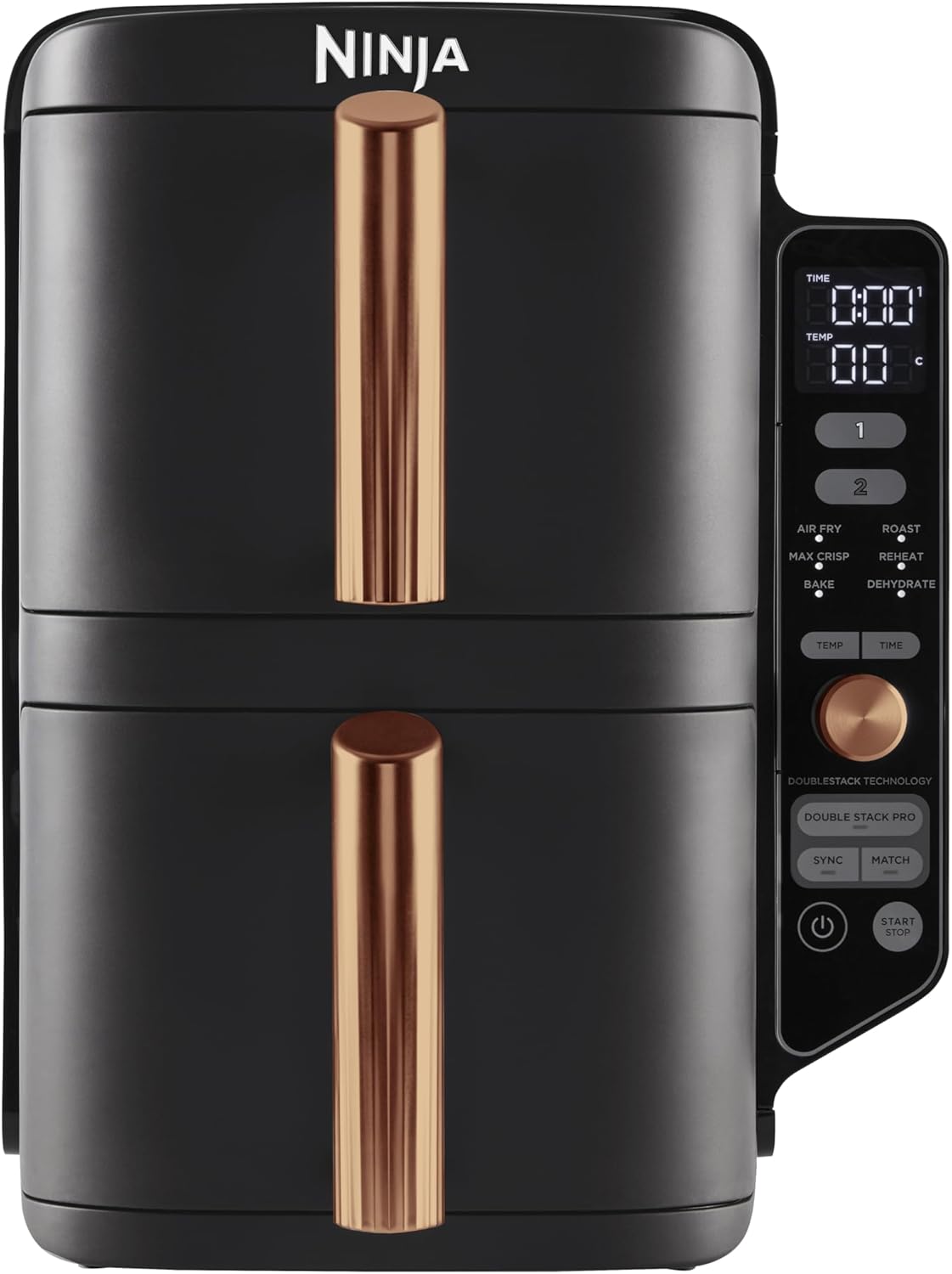 Ninja Double Stack XL Friggitrice ad Aria Verticale, Doppia Zona, 4 Livelli, 2 Scomparti, 2 Griglie, Capienza 9.5L, 6 Funzioni, 8 Porzioni, Parti Lavabili in Lavastoviglie, Pinze, Nero/Rame, SL400EUCP